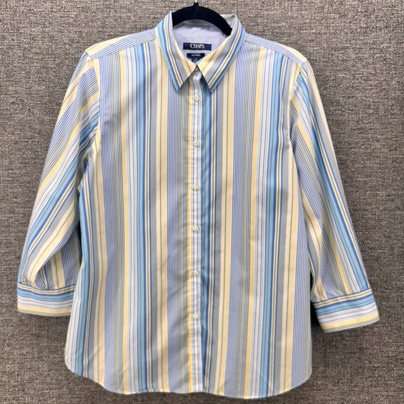 Chaps Womens Button Up Shirt Size L Vertical Striped No Iron Coastal Business - Picture 1 of 12